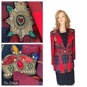 ESCADA COUTURE jacket with embellishment front Wool Plaid Print Blazer size 36(6